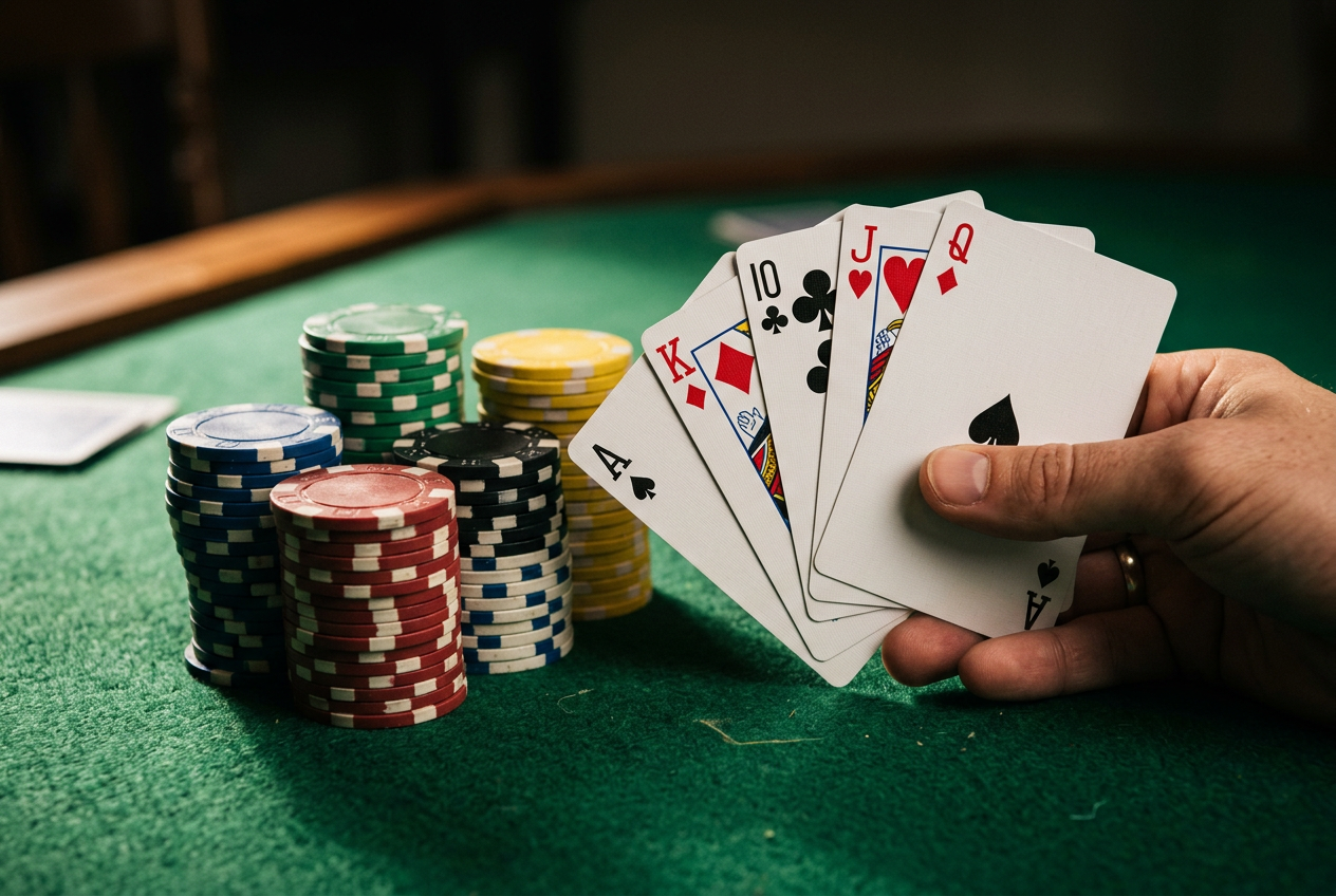 Zblízka pohled na naskládané pokerové žetony a vějíř karet na zeleném plátně