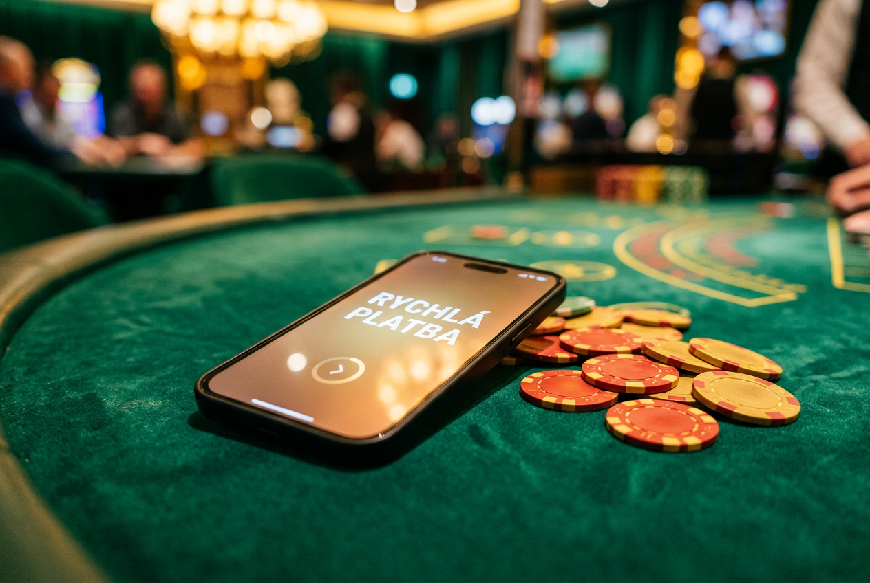 Smartphone s nápisem Rychlá Platba na kasinovém stole