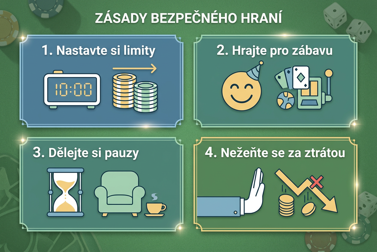 Infografika s českými nápisy znázorňující kroky k bezpečnému hraní